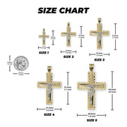Size chart showing five two-tone gold crucifix cross pendants with measurements next to a quarter
