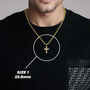 Man wearing a gold crucifix cross pendant necklace labeled Size 1 23.0mm.