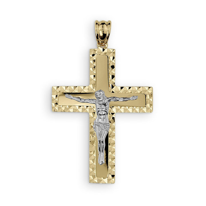 Two-tone gold cross pendant featuring a silver Jesus figure on a textured background.