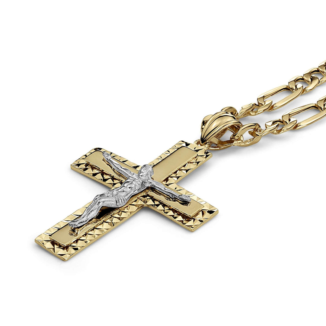 Two-tone gold cross pendant with a silver Jesus figure on a gold chain.