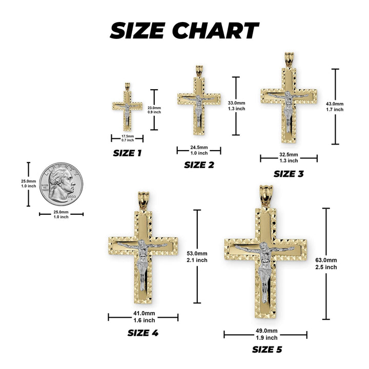 Size chart diagram showing five gold cross pendant dimensions from Size 1 to 5 with a reference coin.