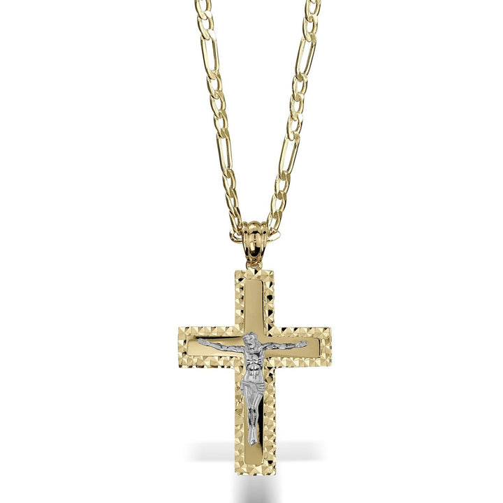 Two-tone gold cross pendant featuring a silver Jesus figure on a textured background.