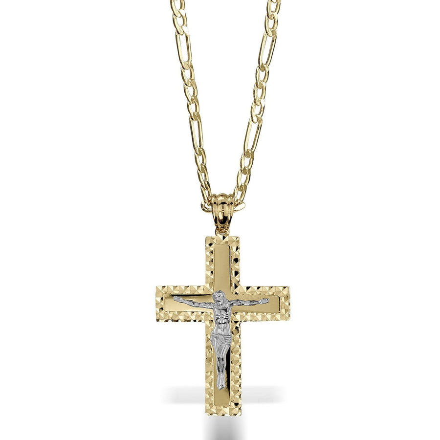 Two-tone gold cross pendant featuring a silver Jesus figure on a textured background.