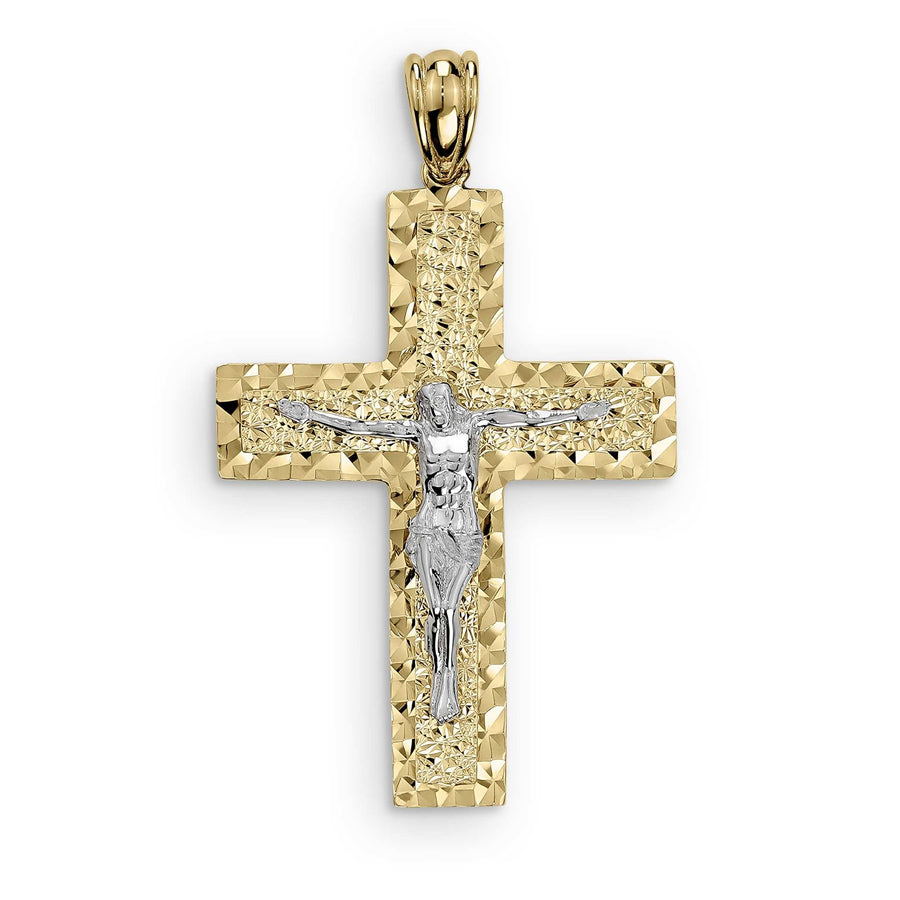 Two-tone yellow and white gold nugget crucifix cross pendant on a white background.