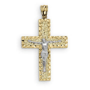 Yellow gold textured cross pendant with a silver Jesus crucifix on a white background.