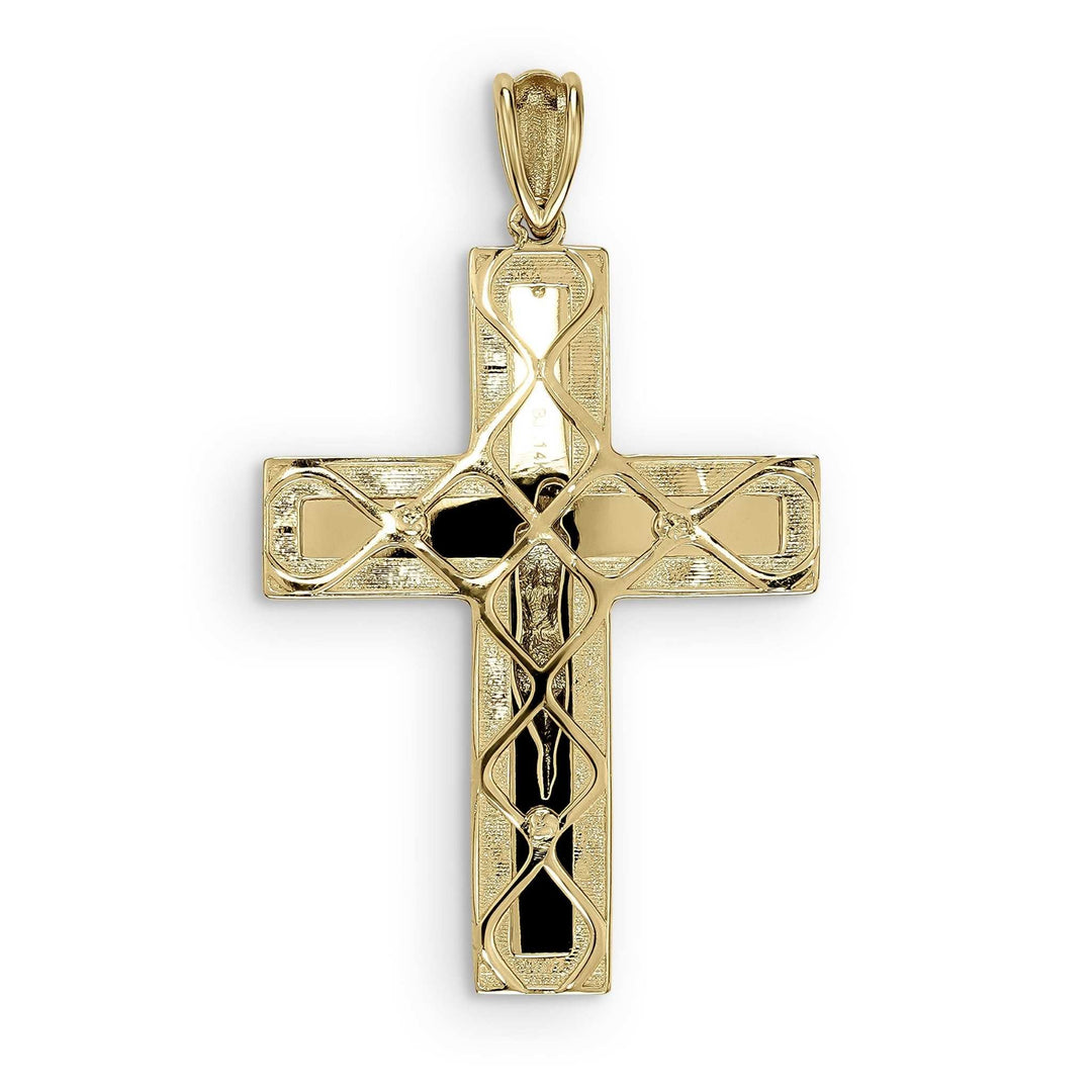 Back view of a textured yellow gold cross pendant against a plain white background.
