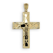 Back view of a textured yellow gold cross pendant against a plain white background.