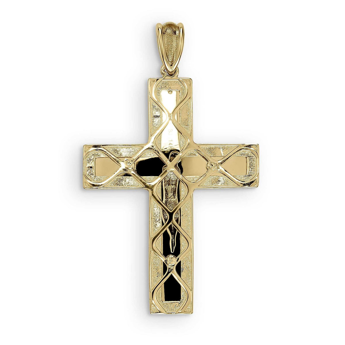 Back view of a textured yellow gold cross pendant against a plain white background.