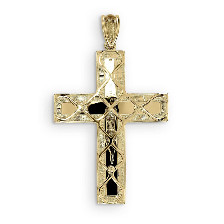 Back view of a textured yellow gold cross pendant against a plain white background.