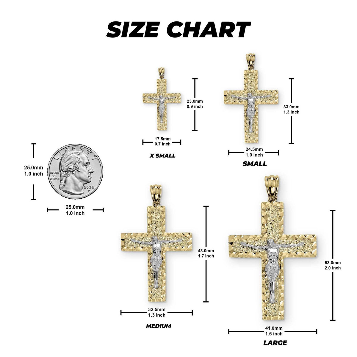 Size chart showing four cross pendant sizes with dimensions and a coin for scale.