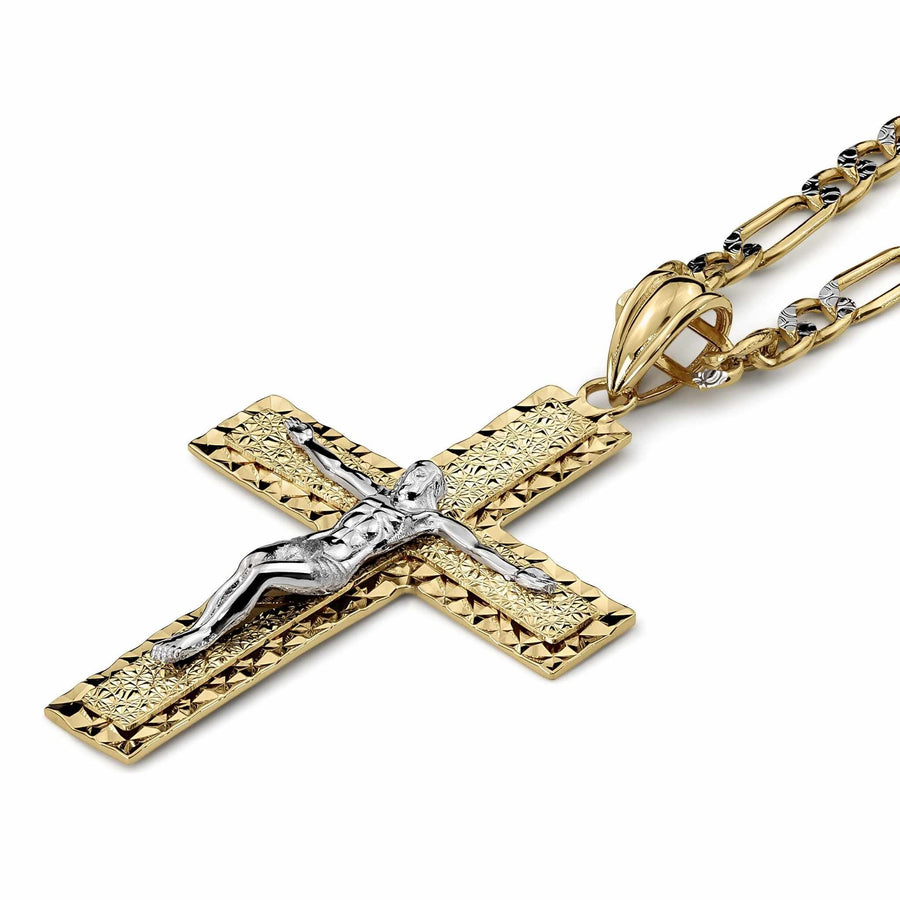 Two-tone gold and silver crucifix pendant necklace resting on a plain white background.