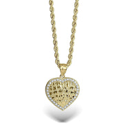 Gold heart nugget pendant with cubic zirconia border and textured diamond-cut center on a rope chain.