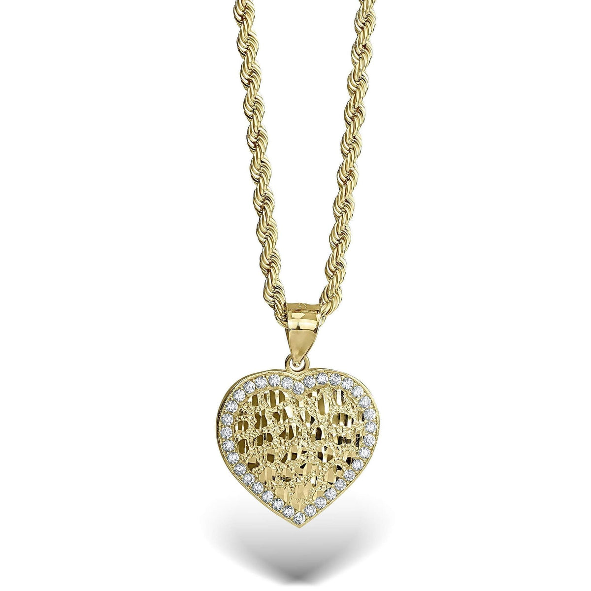 Gold heart nugget pendant with cubic zirconia border and textured diamond-cut center on a rope chain.