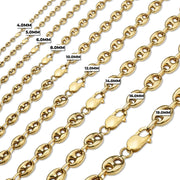 Diagonal layout of hollow gold puff mariner link chains ranging from 4.0mm to 19.0mm.