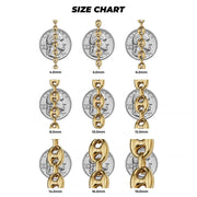 Size chart comparing gold puff mariner link chain widths to US quarters.