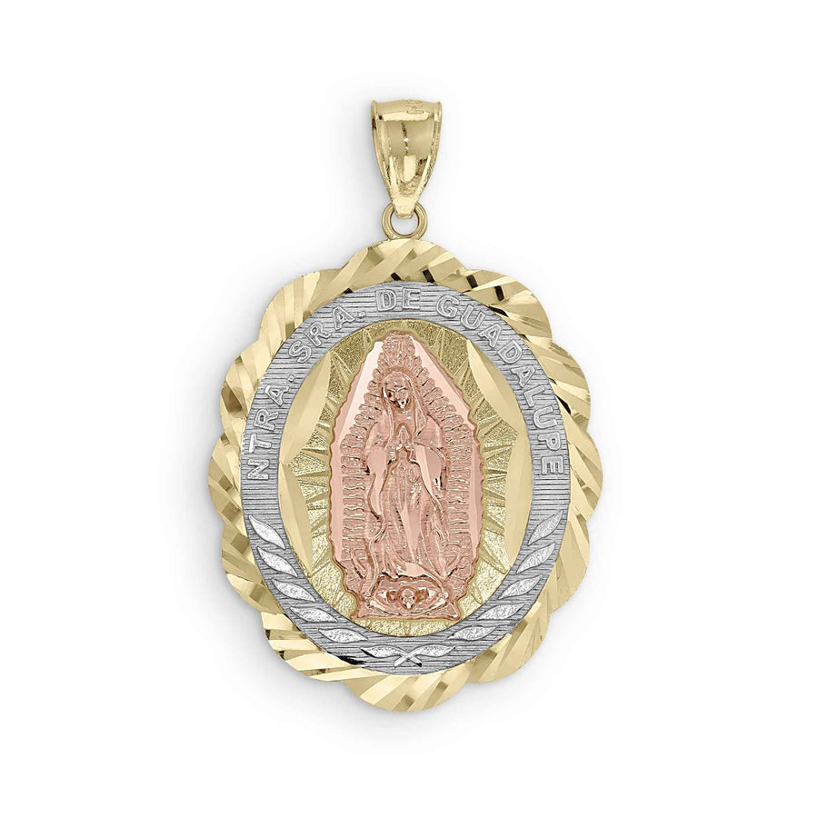 A tri-color gold Our Lady of Guadalupe pendant with yellow, white, and rose gold details.