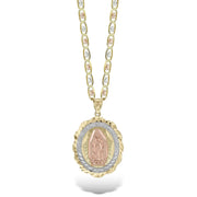 Front view of a tricolor gold Virgin Mary Lady Guadalupe oval pendant necklace.