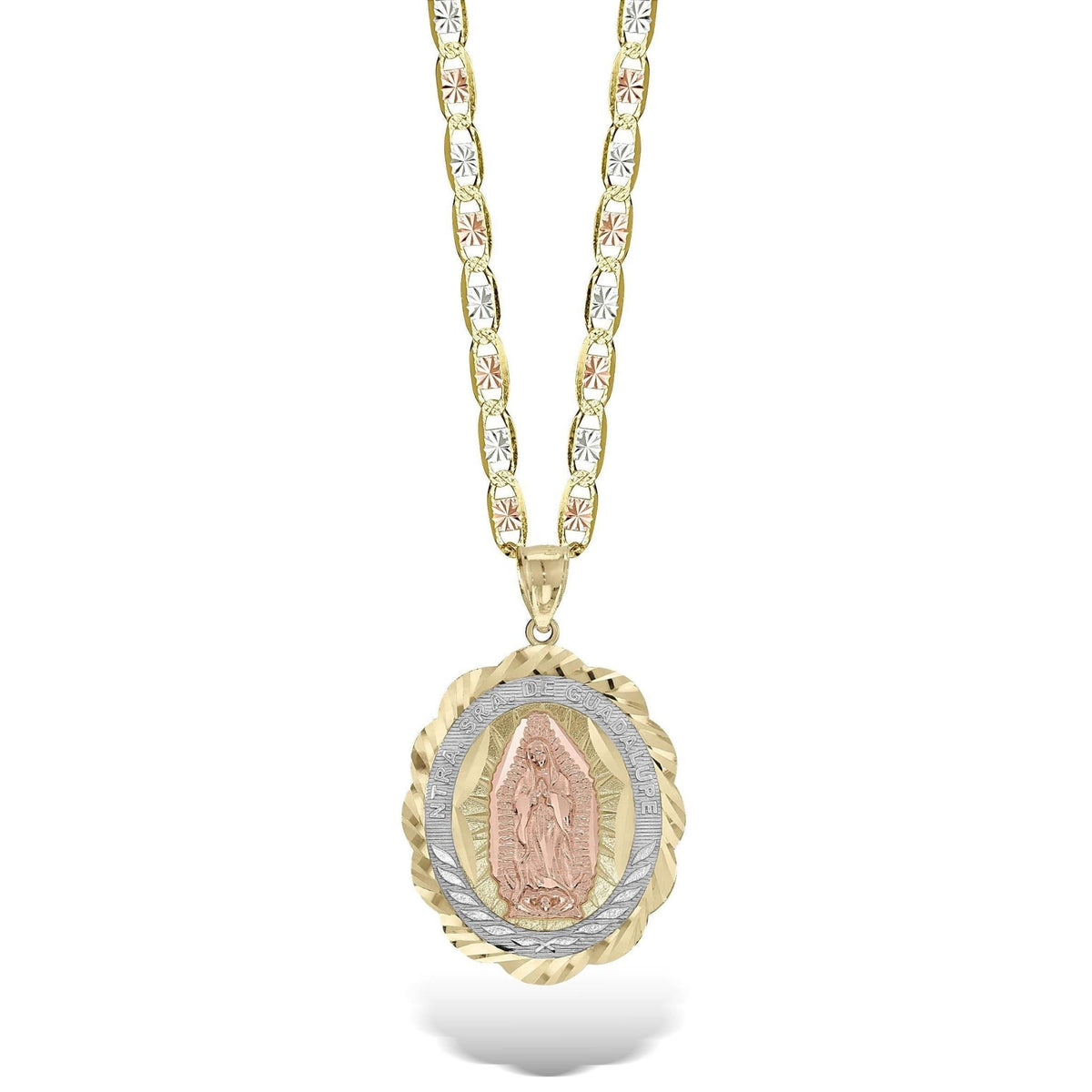 Front view of a tricolor gold Virgin Mary Lady Guadalupe oval pendant necklace.