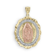 Front view of a tricolor gold Virgin Mary Lady Guadalupe oval pendant without a chain.