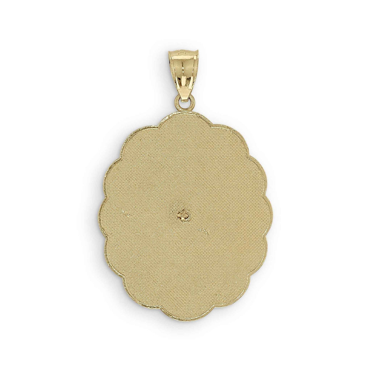 Rear view of a tricolor gold Virgin Mary Lady Guadalupe oval pendant without a chain.