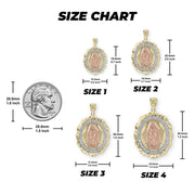 Size chart graphic showing four tricolor gold Lady Guadalupe oval pendants next to quarter.