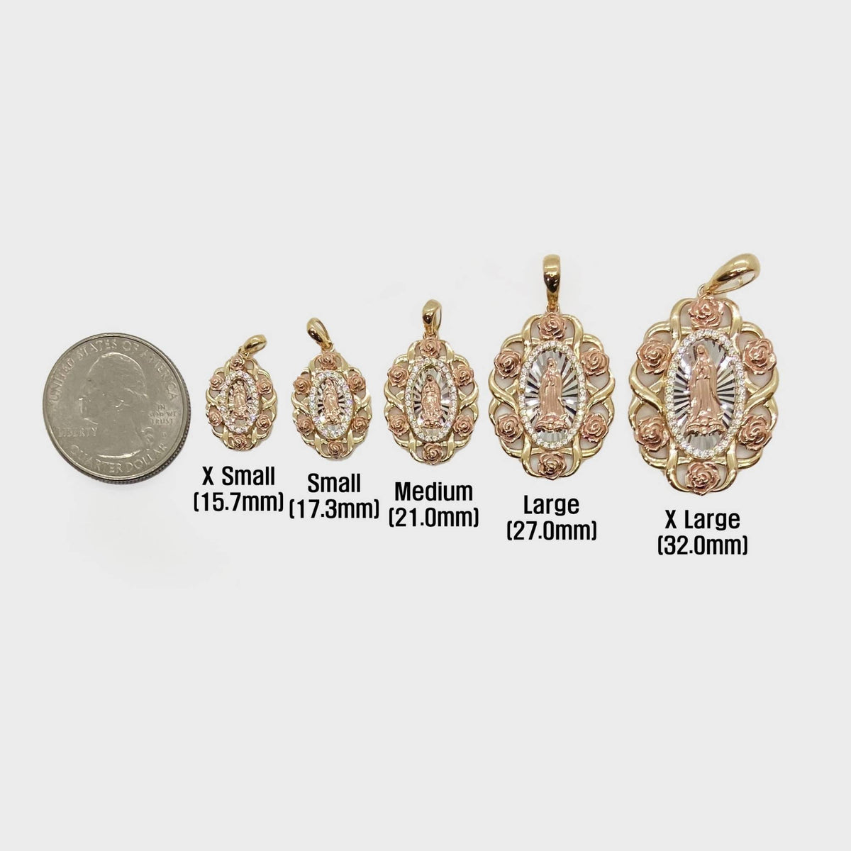 Size guide for tri-color gold Virgin Mary pendant showing five size options from 15.7mm to 32.0mm.