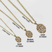 Tri-color gold Virgin Mary Guadalupe pendants displayed on 2.2mm, 2.6mm, and 3.4mm chains.