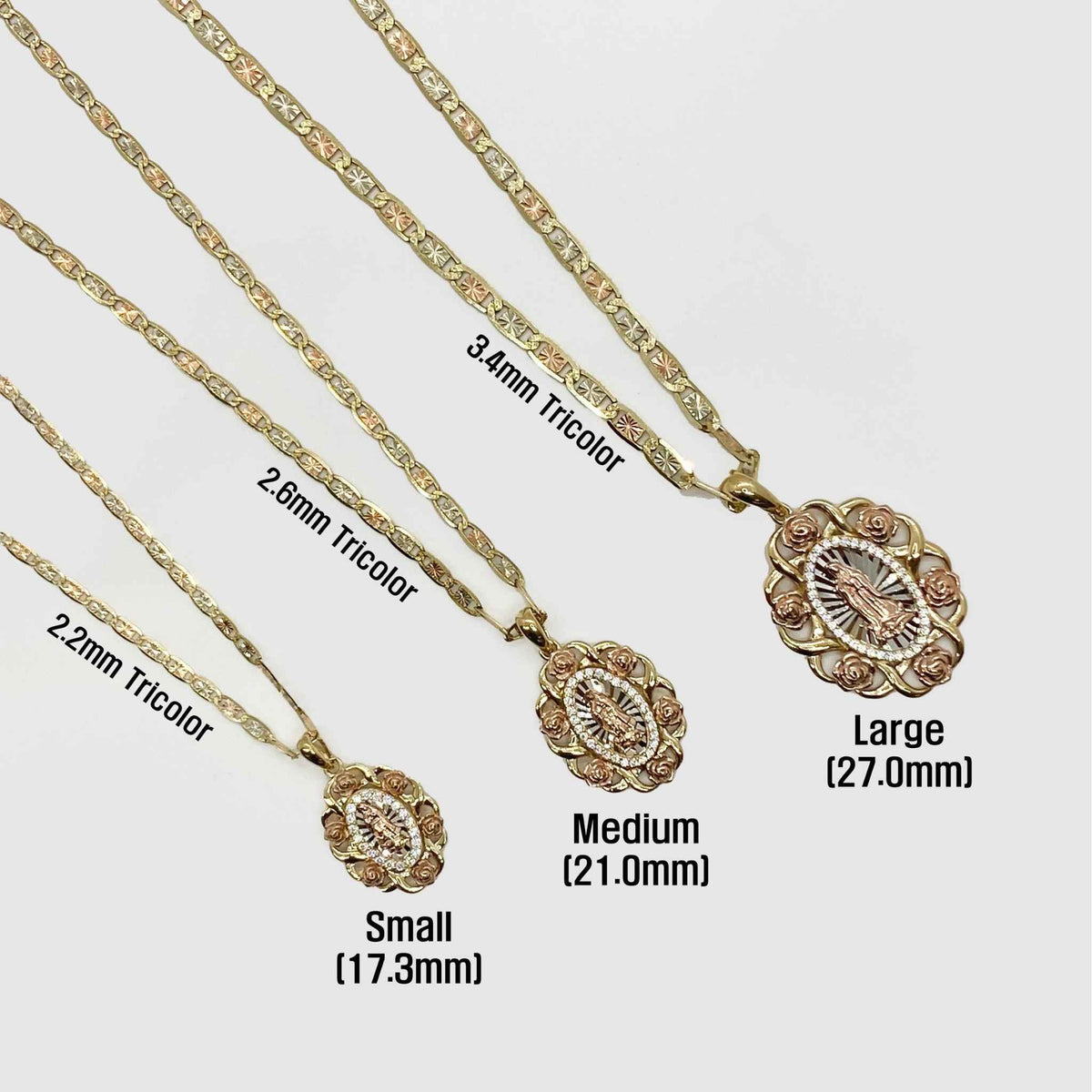 Tri-color gold Virgin Mary Guadalupe pendants displayed on 2.2mm, 2.6mm, and 3.4mm chains.