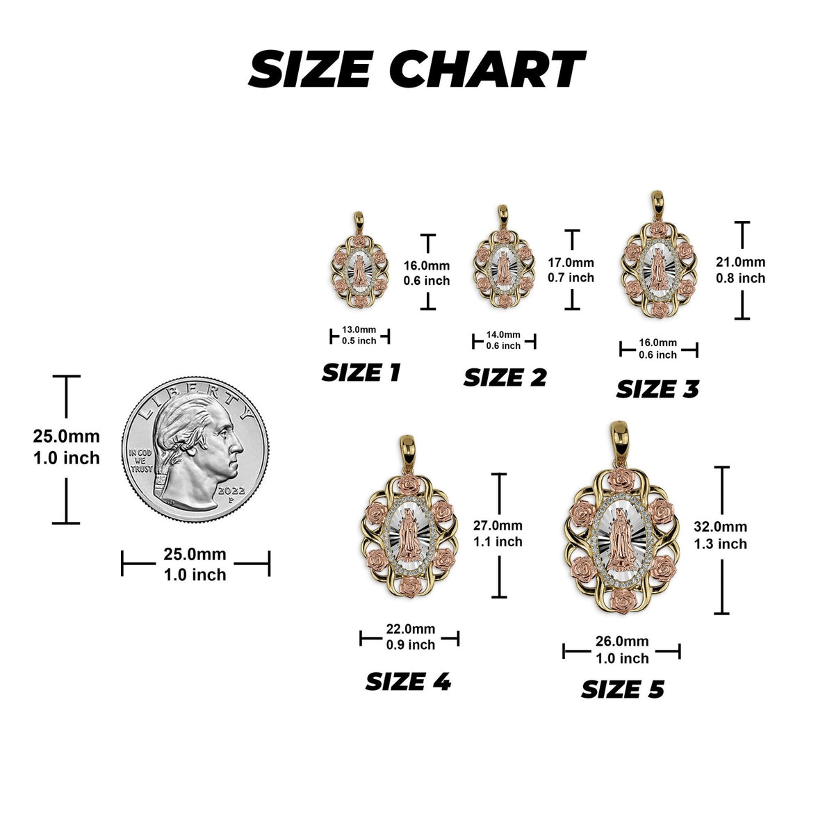 Size chart showing dimensions in millimeters and inches for five pendant sizes alongside a coin reference.