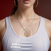 Close-up of a model wearing a gold pendant necklace with a size 4 dimension label overlay.