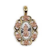 Elegant tri-color gold pendant featuring the Virgin Mary surrounded by roses and sparkling stones.