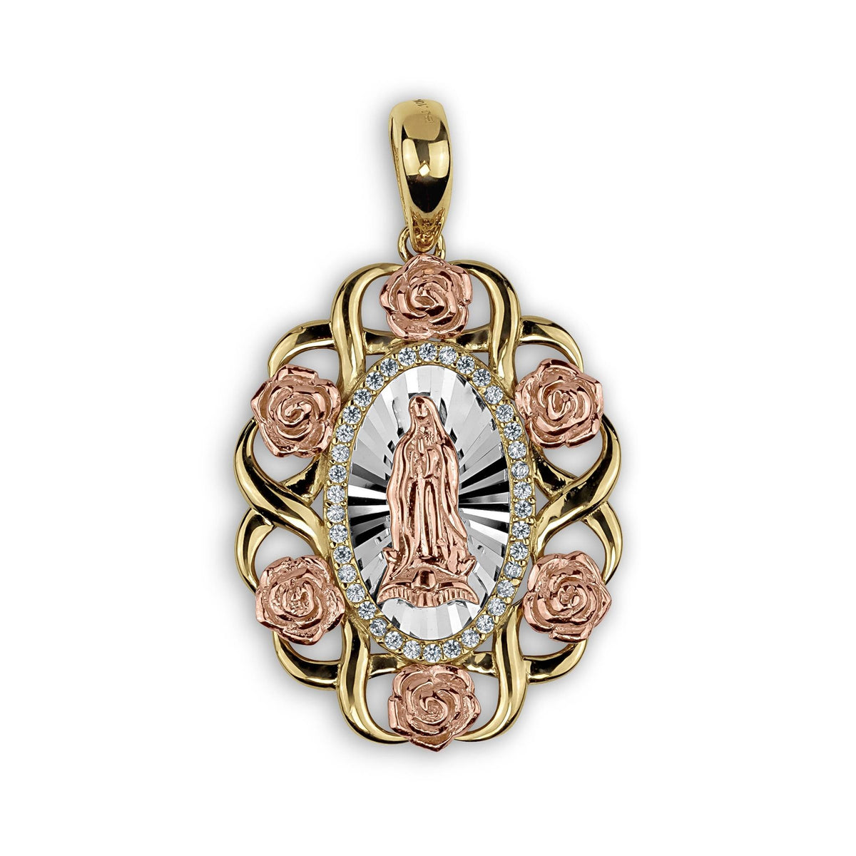 Elegant tri-color gold pendant featuring the Virgin Mary surrounded by roses and sparkling stones.