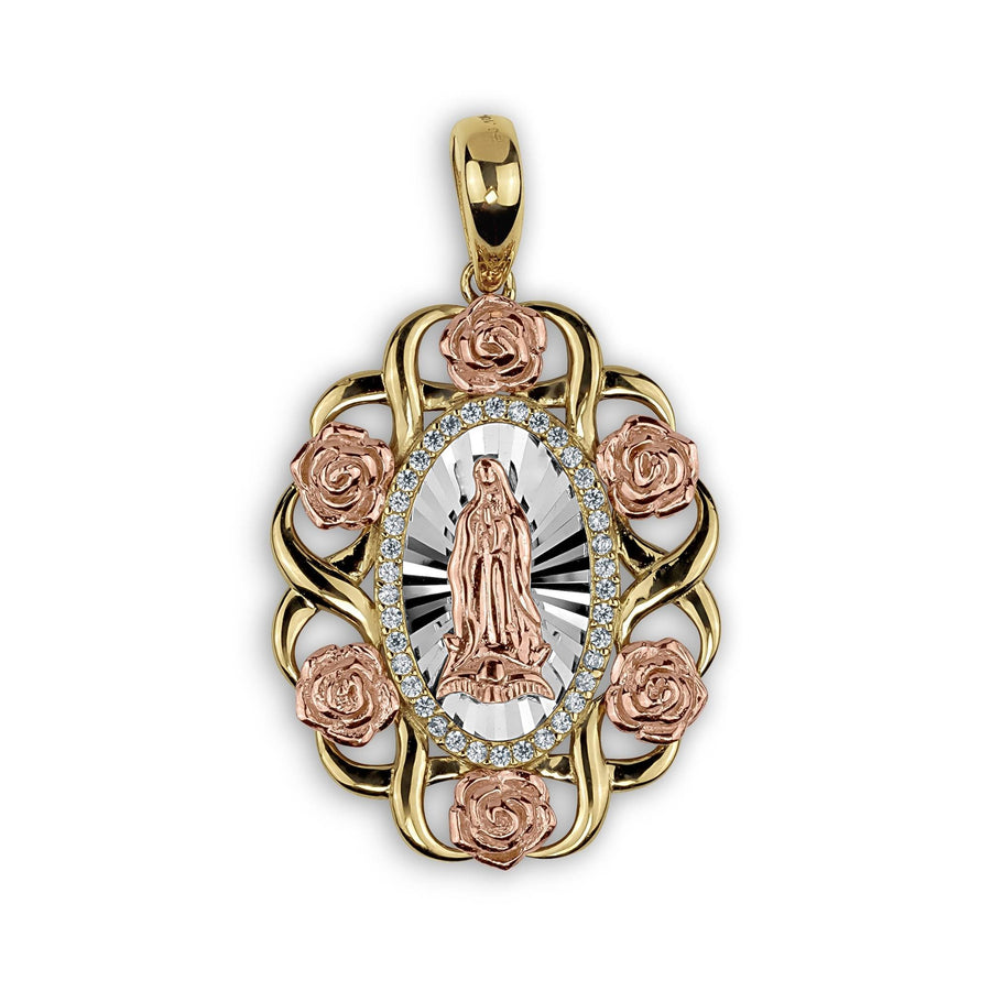 Elegant tri-color gold pendant featuring the Virgin Mary surrounded by roses and sparkling stones.