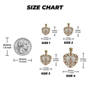 Size chart comparing four heart pendant dimensions in millimeters and inches with a coin.