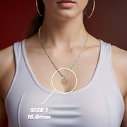 Close-up of a woman wearing a gold chain necklace with a size 1 pendant dimension overlay.