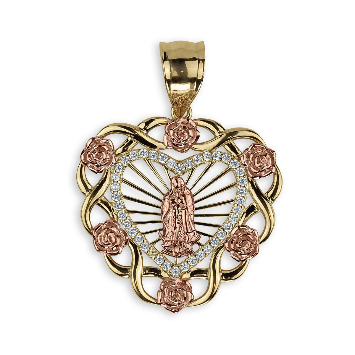 Two-tone heart pendant featuring Our Lady of Guadalupe and rose gold roses.