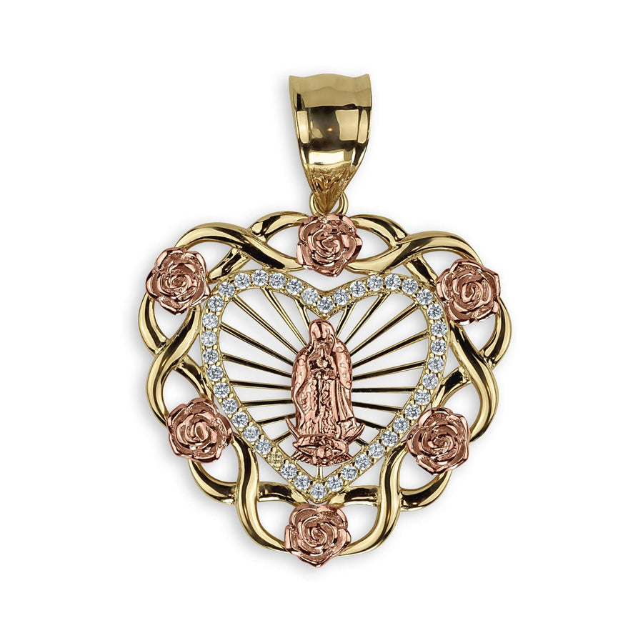 Two-tone heart pendant featuring Our Lady of Guadalupe and rose gold roses.