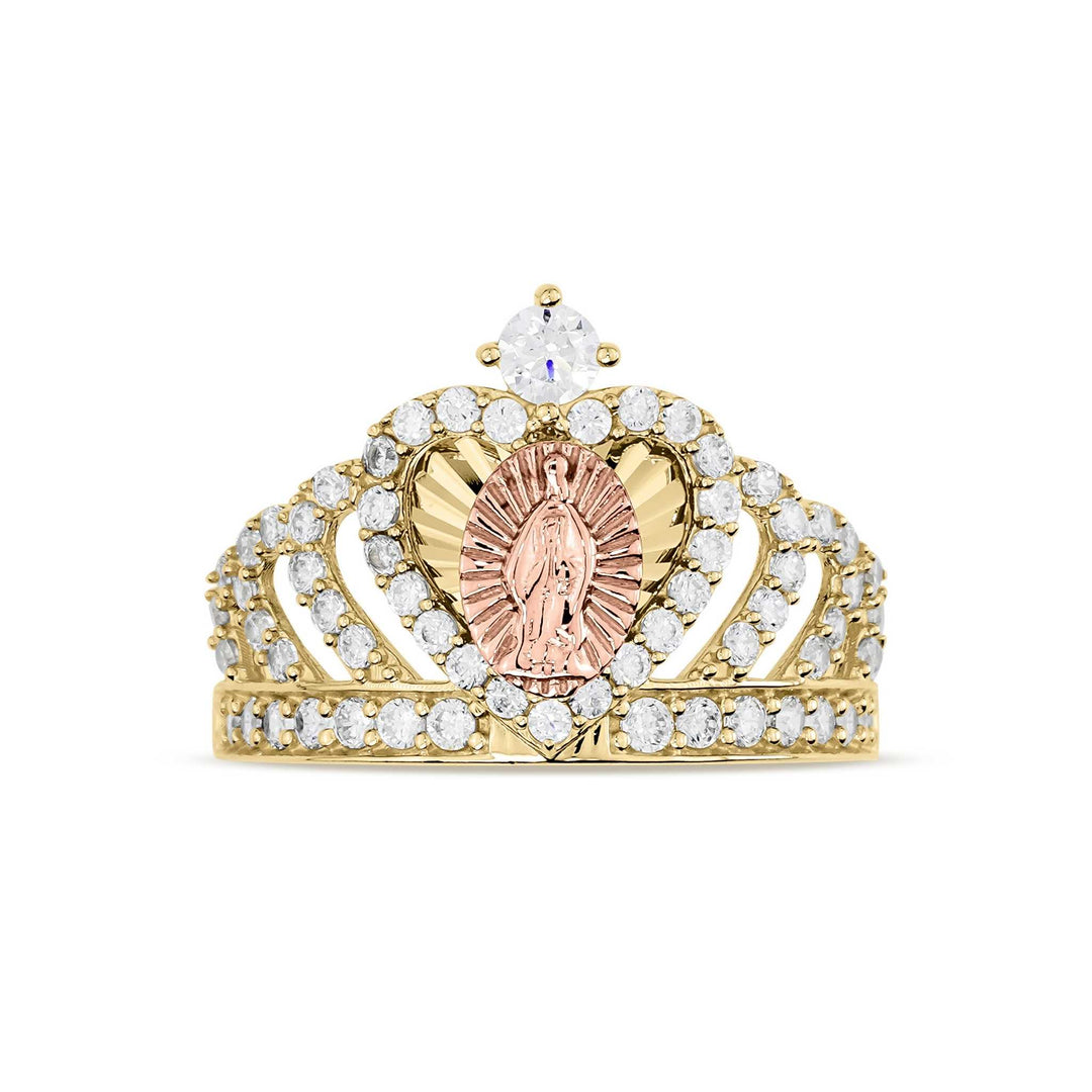 Gold royal crown ring with a rose gold Virgin Mary heart center on white background