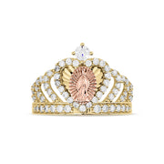 Gold royal crown ring with a rose gold Virgin Mary heart center on white background