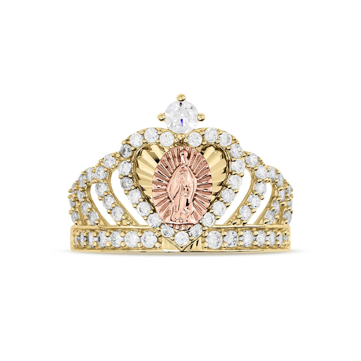 Gold royal crown ring with a rose gold Virgin Mary heart center on white background