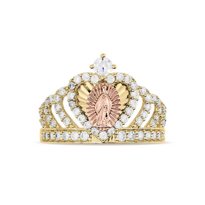 Gold royal crown ring with a rose gold Virgin Mary heart center on white background