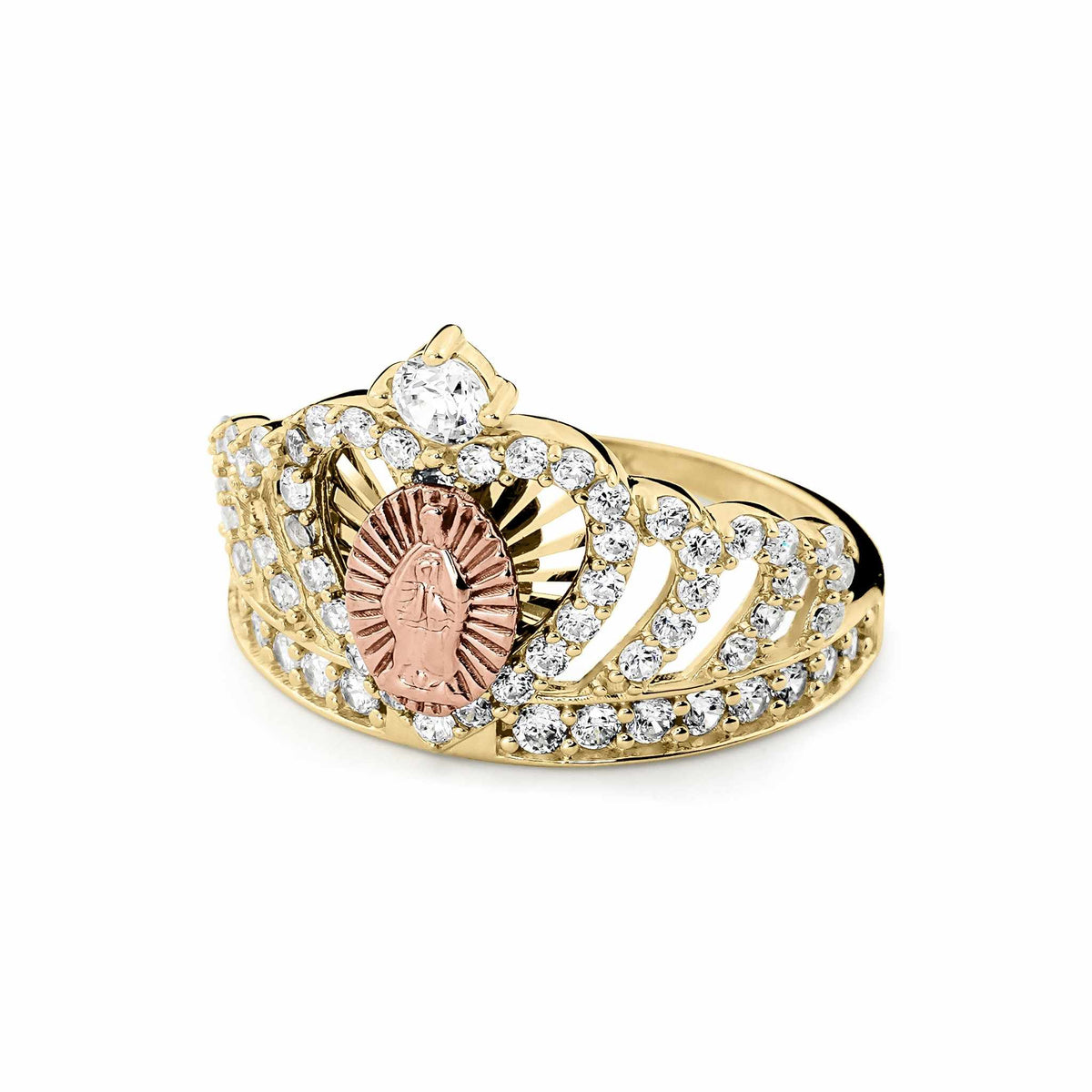Side view of 14k gold Virgin Mary Guadalupe royal crown ring with CZ stones.
