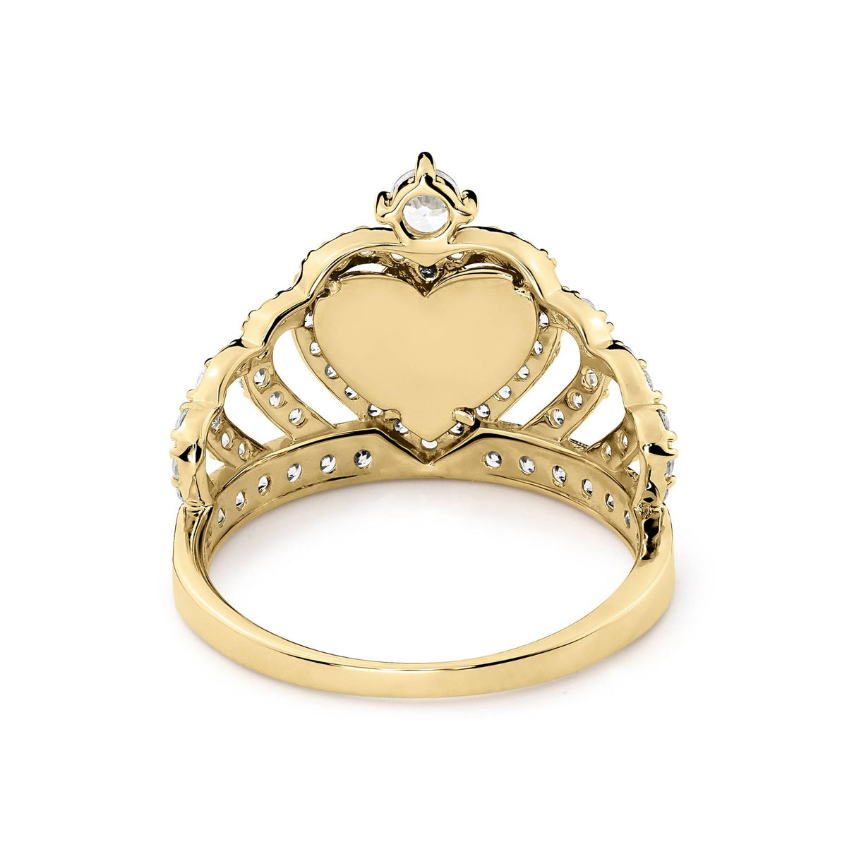 Back view of a gold royal crown ring showing a smooth heart center
