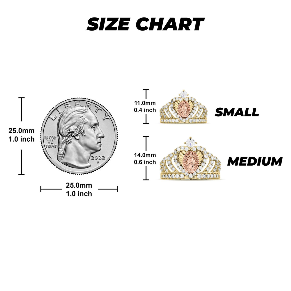 Virgin Mary Guadalupe royal crown ring dimensions size chart next to a quarter.