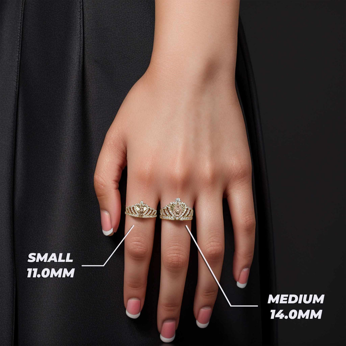 Small and medium Virgin Mary royal crown rings modeled on a hand with size labels.