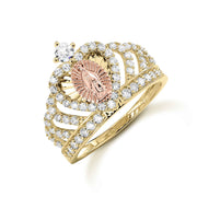 14k yellow gold Virgin Mary Guadalupe royal crown ring with cubic zirconia stones