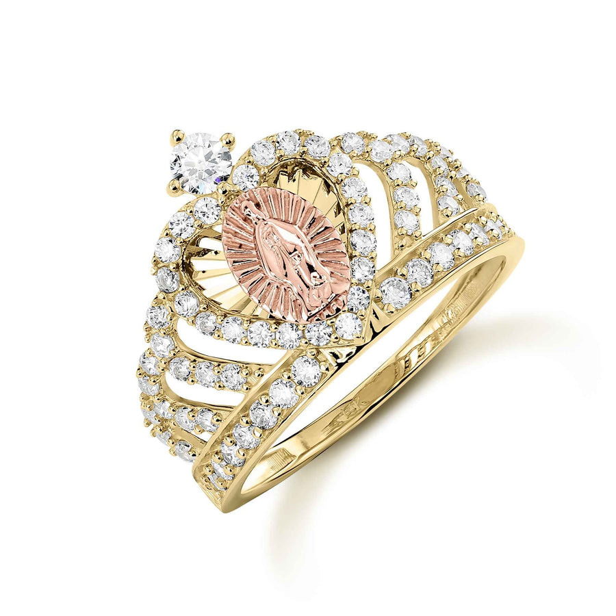 14k yellow gold Virgin Mary Guadalupe royal crown ring with cubic zirconia stones