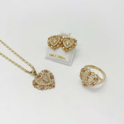 Tri-color gold Virgin Mary heart jewelry set featuring pendant, earrings, and ring with roses.