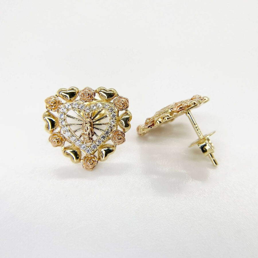 10k and 14k gold Virgin Mary heart stud earrings with cubic zirconia and roses.