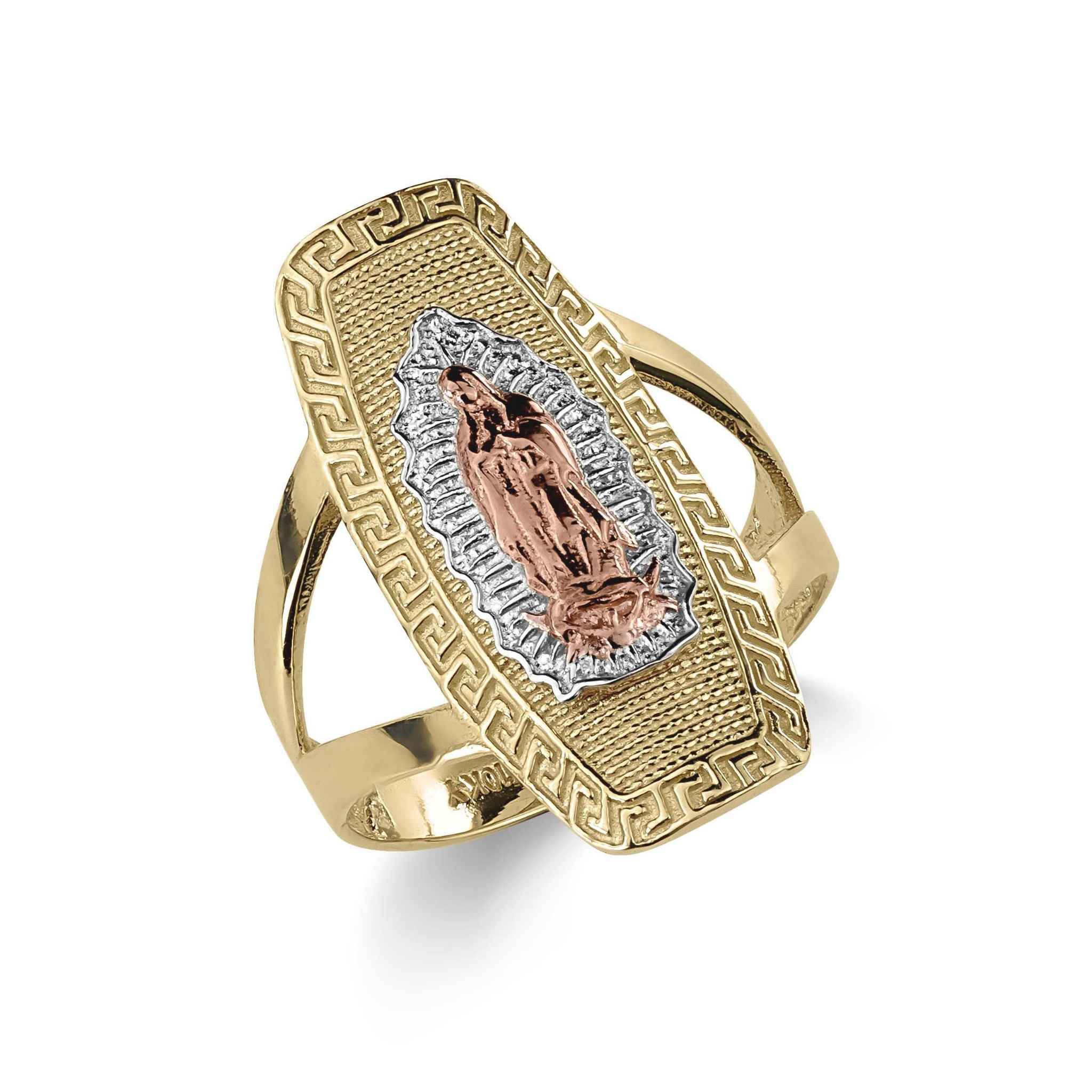 Front view of 10k or 14k gold tri-color Virgin Mary religious signet ring.